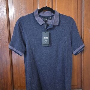 Hugo Boss Navy Textured Polo with Contrast Collar